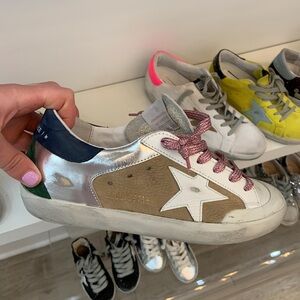Golden Goose Deluxe Brand superstar sneakers size 39, tan/blue/green pink laces